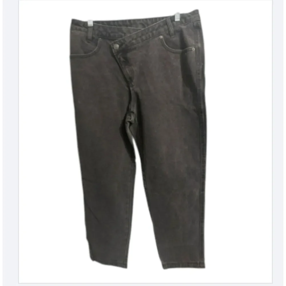 High-Rise Black Jeans | Asymmetrical Button | Straight Leg Denim